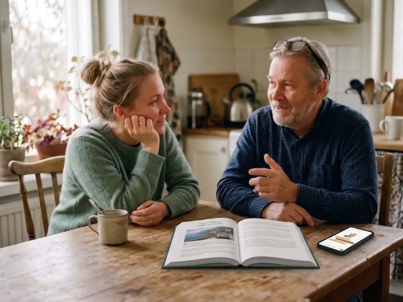 A couple talking at the kitchen table with an open keepsake book and a Sanota phone in front of them