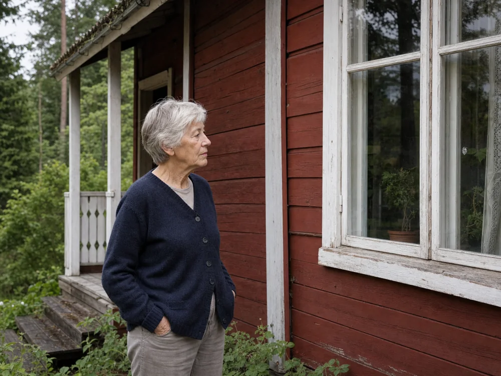 Anna by the window of the house where she grew up