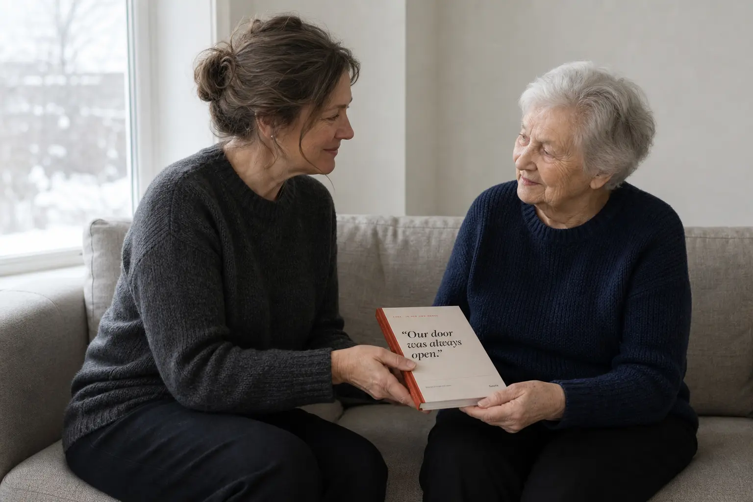 Anna and her daughter reading the finished Sanota book together