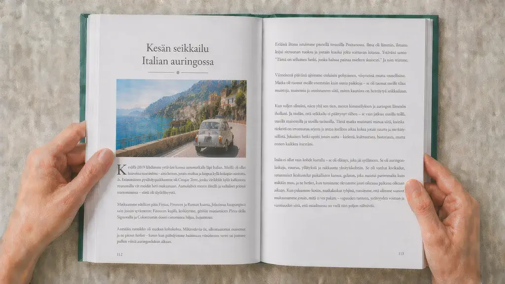 Avoin Sanota-muistokirja kahden käden välissä